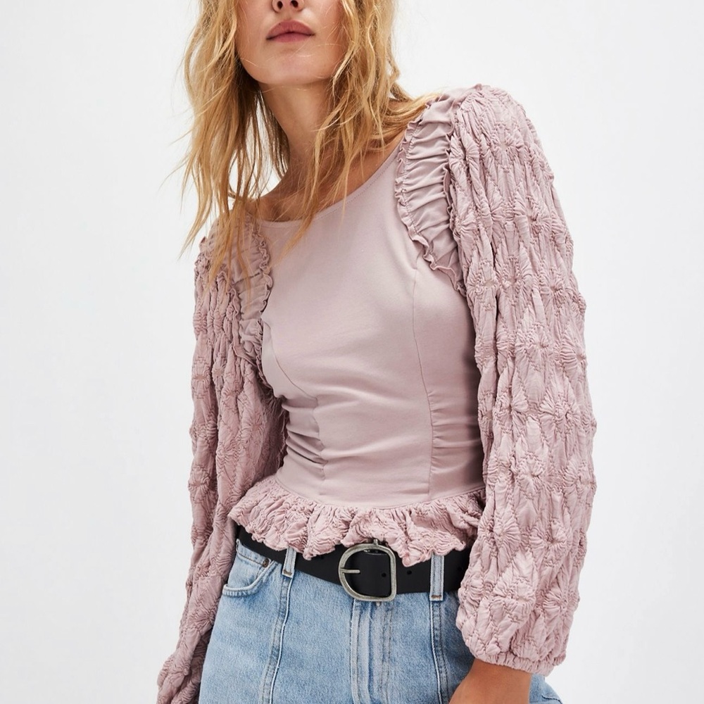 Free People Oliva Women's Pink Ruched Sleeve Top, Size L